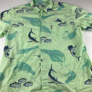 Columbia PFG Mens L Green Fish Map Marlin Tuna Fishing Short Sleeve Shirt